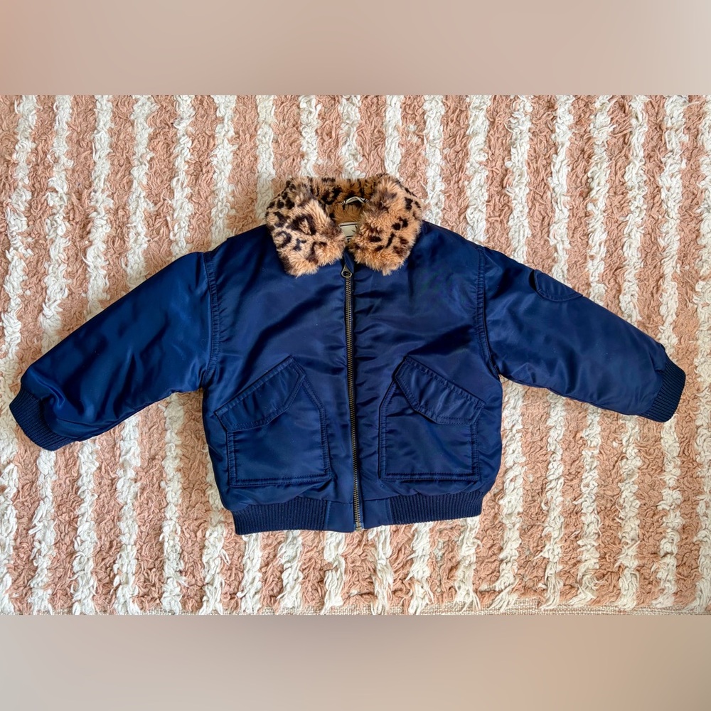 Kids Bonton Navy Blue Bomber Jacket with Leopard Faux Fur Lining